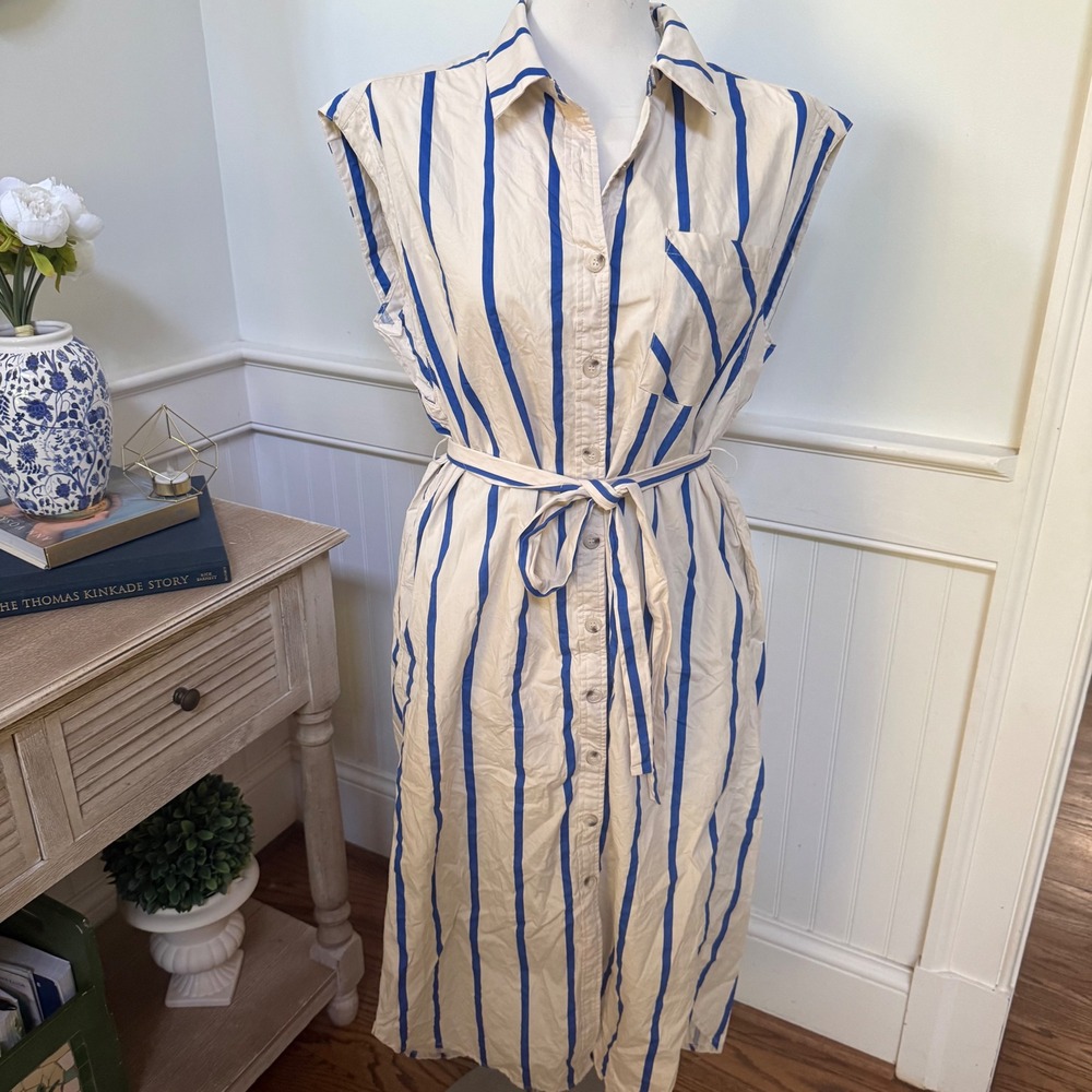 How‎ Very Loved Blue Cream Striped Sleeveless Button Front Midi Shirt Dress M